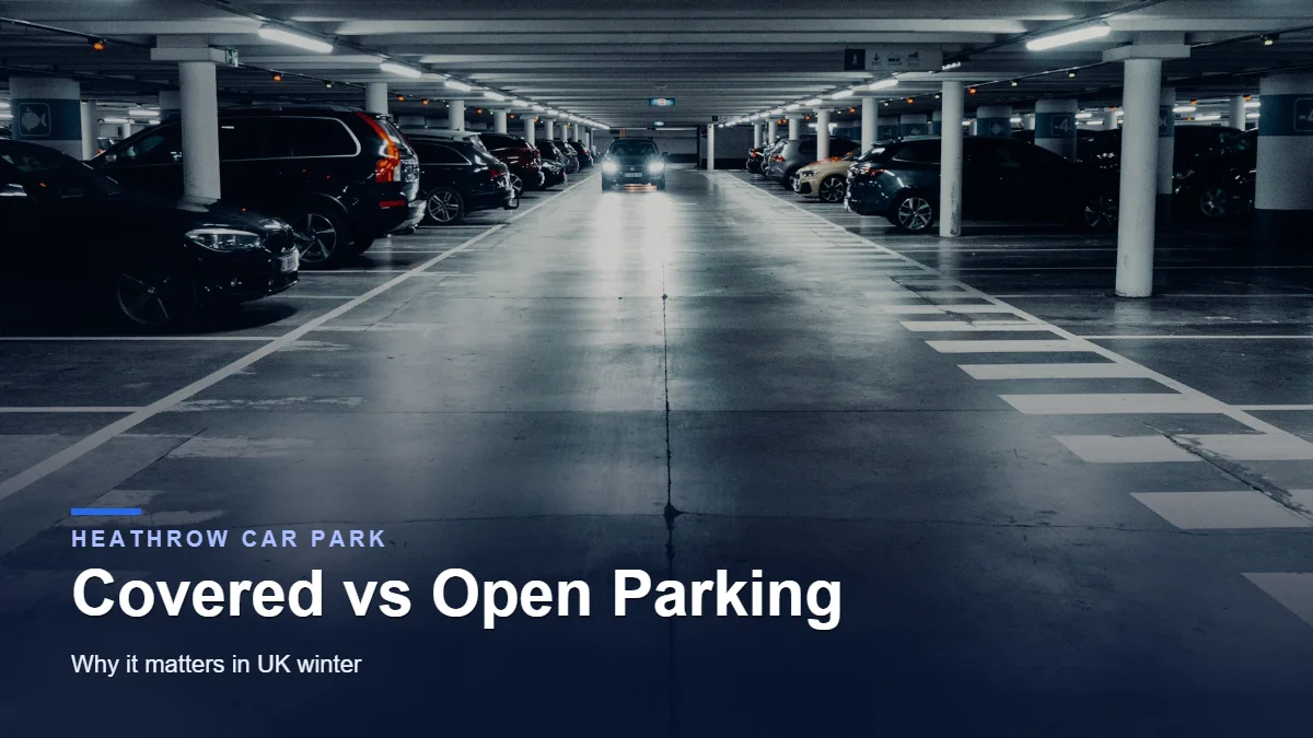 Covered multi-storey car park with cars parked under cover on both sides